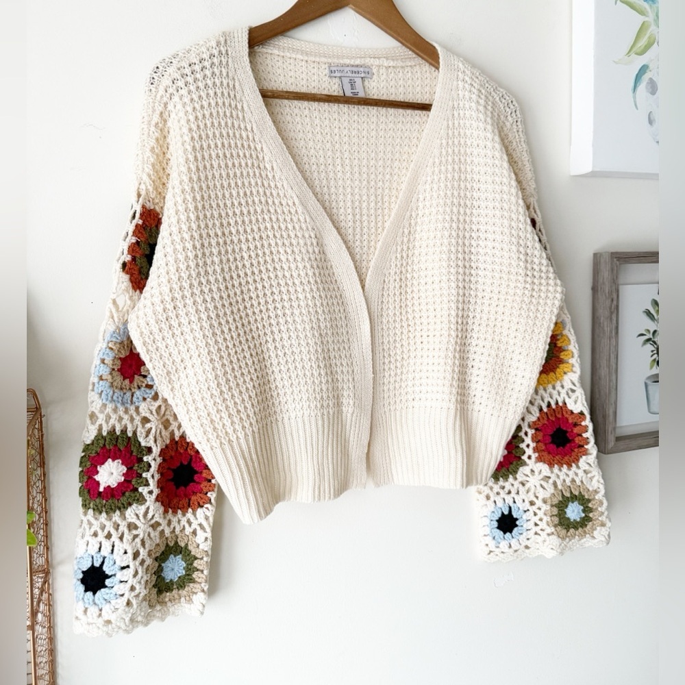 Boho Crochet Granny Square Sleeve Cardigan Cream Open Knit Sweater Size Small - Picture 12 of 16
